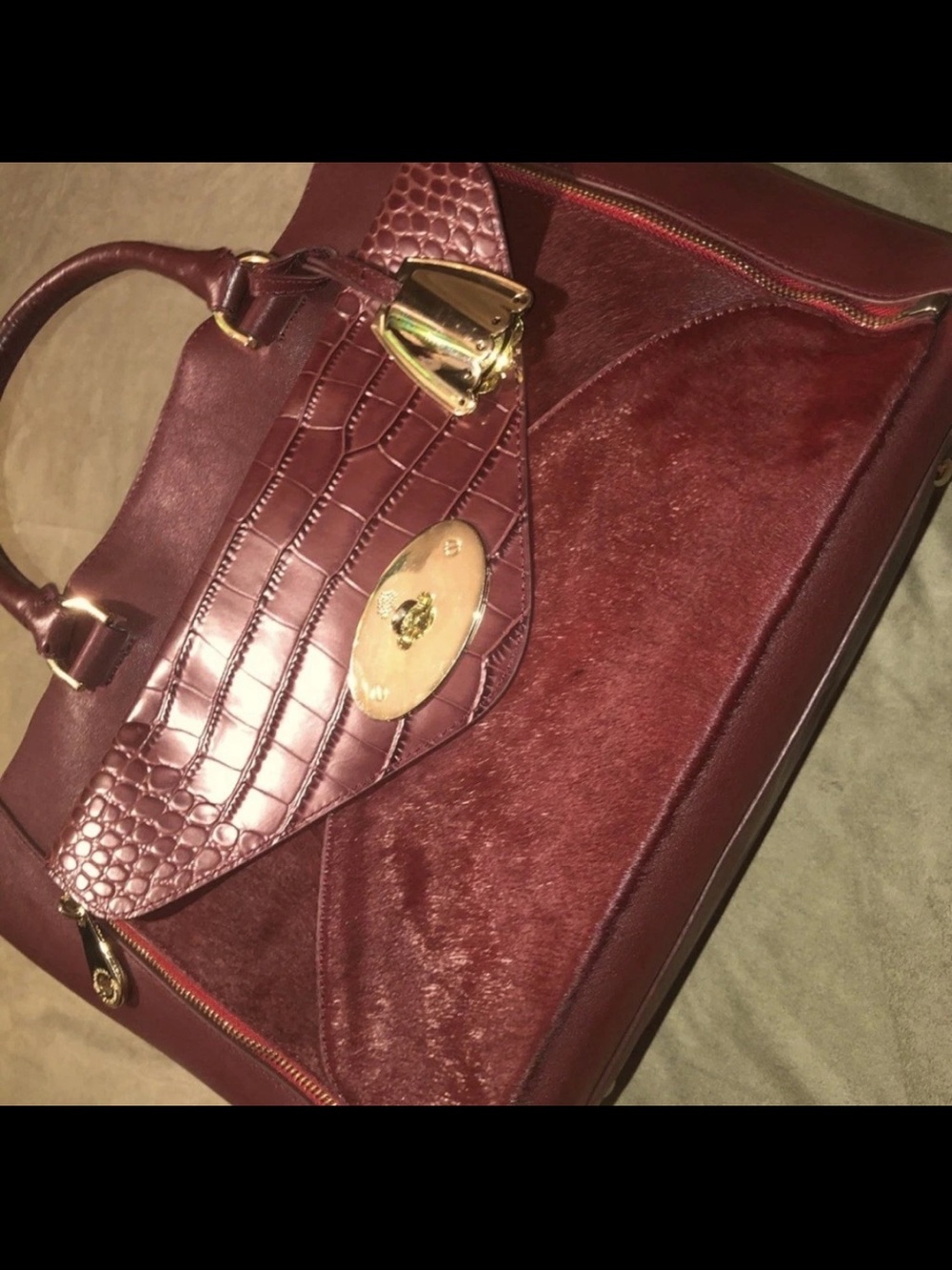 Mulberry Burgundy Croc-Trim Satchel with Gold Hardware